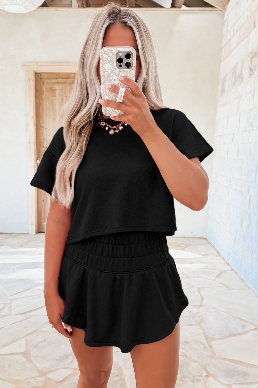 Black 2pcs Cropped Tee and Ruffle High Waist Skort Set - Image 3