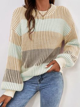 Brown Colorblock Textured Knit Bubble Sleeve Sweater