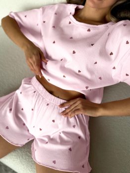 Light Pink Valentine Heart Shape Print Ribbed Knit Short Lounge Set
