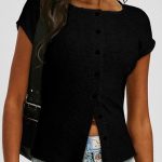 Black Solid Color Ribbed Knit Lace Trim Button Down Short Sleeve Top