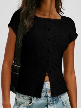 Black Solid Color Ribbed Knit Lace Trim Button Down Short Sleeve Top