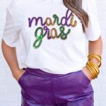 White Sequin mardi gras Graphic T Shirt