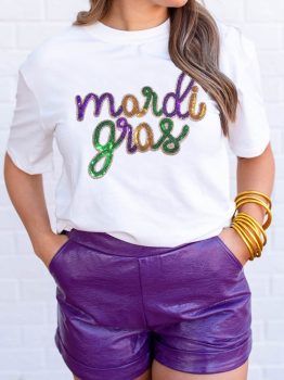 White Sequin mardi gras Graphic T Shirt