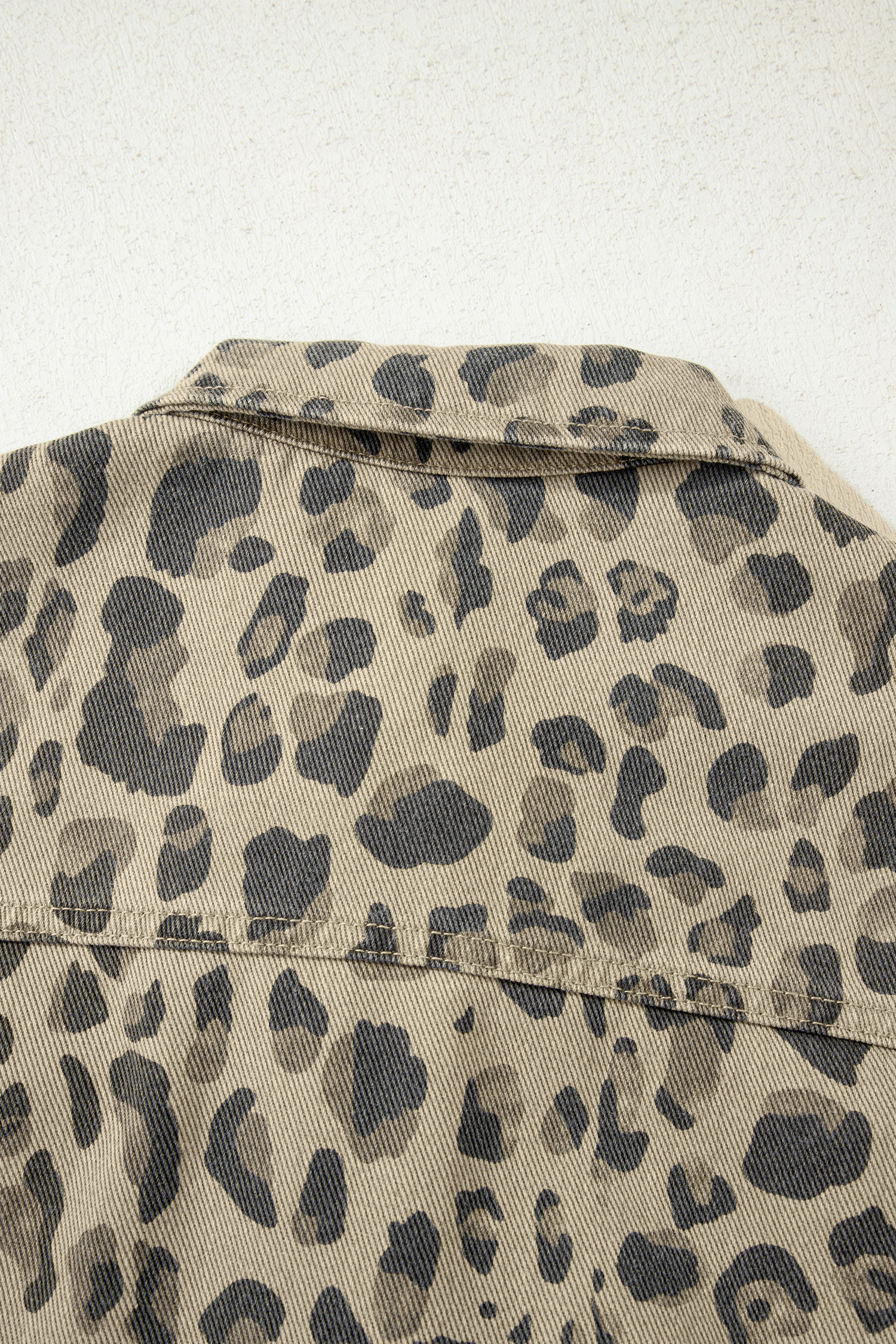 Khaki Retro Leopard Print Seam Detail Button Down Denim Jacket - Image 6