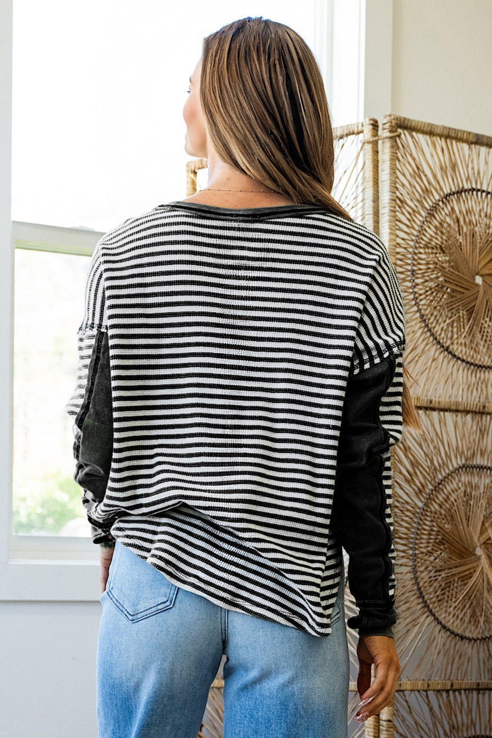 Black Stripe Thermal Knit Drop Shoulder Casual Top - Image 2