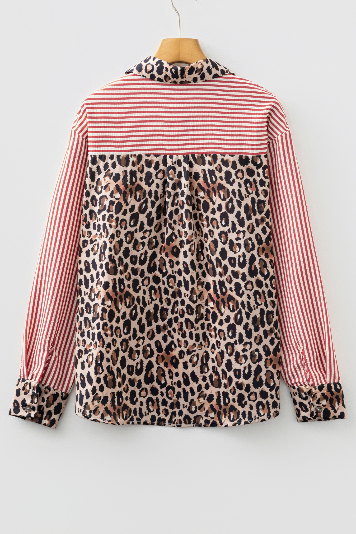 Racing Red Striped Leopard Print Patchwork Button Up Womens Shirt - Image 4
