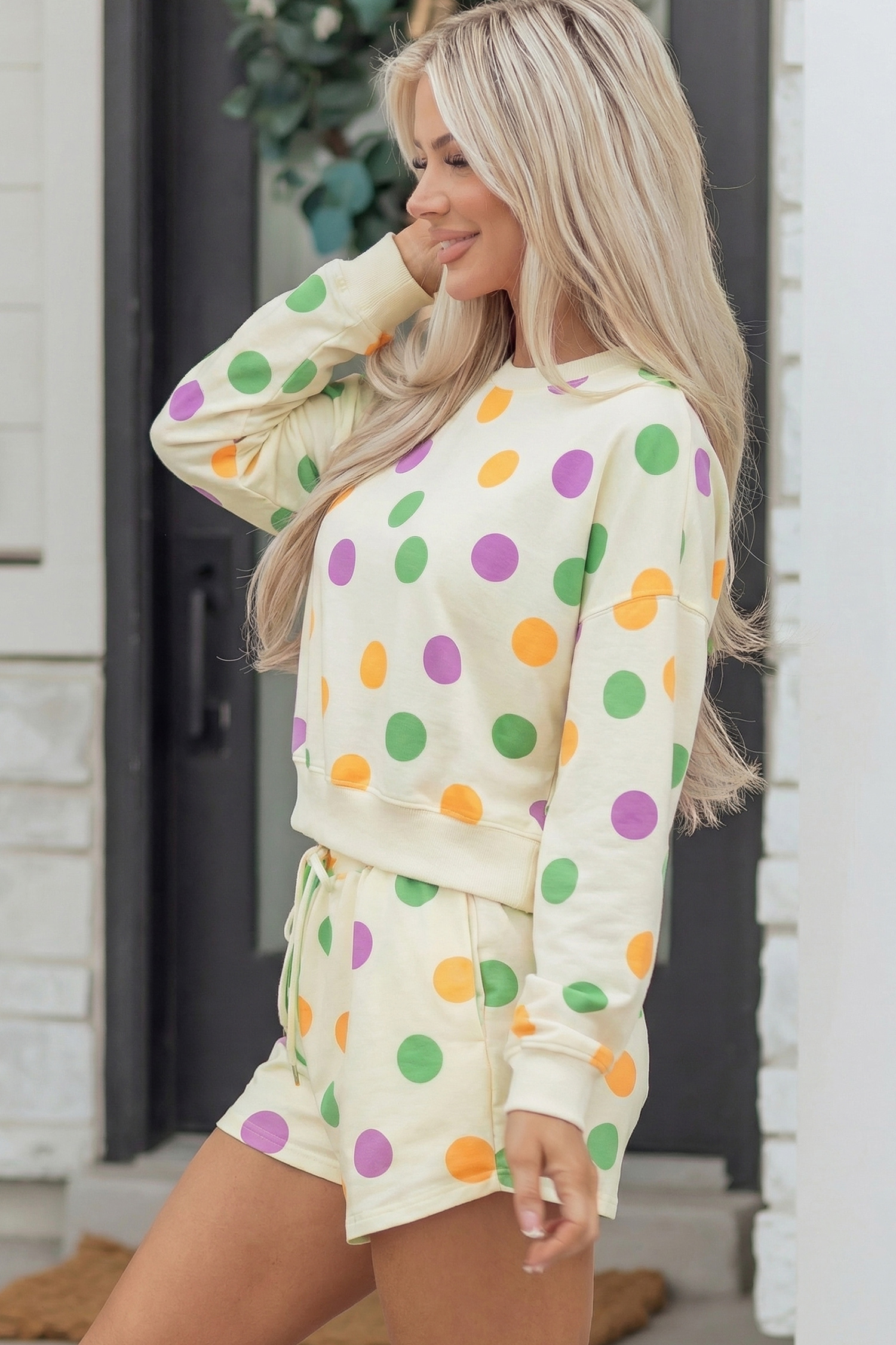 Multicolour Polka Dot Print Drop Shoulder Pullover Drawstring Shorts Set - Image 7