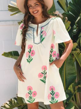 Apricot Floral Short Sleeve Split Neck Loose Mini Dress