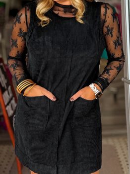 Black Plus Size Corduroy Patch Pocket Sleeveless Mini Dress