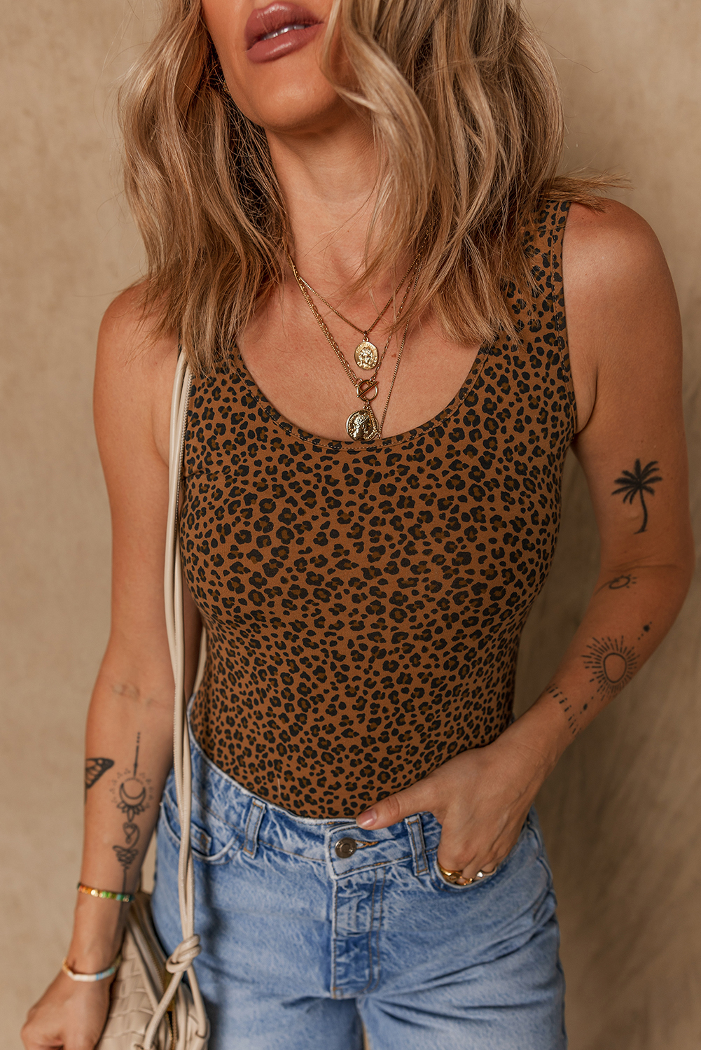 Brown Leopard Printed Sleeveless Scoop Neck Bodysuit - Image 4
