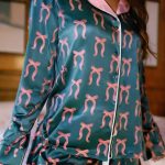 Green Ribbon Bow Print Silky Long Sleeve Shirt and Shorts 2pcs Pajama Set