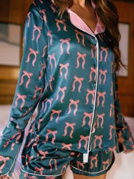 Green Ribbon Bow Print Silky Long Sleeve Shirt and Shorts 2pcs Pajama Set