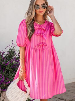 Rose Striped Print Bow Detail Short Puff Sleeve Mini Dress