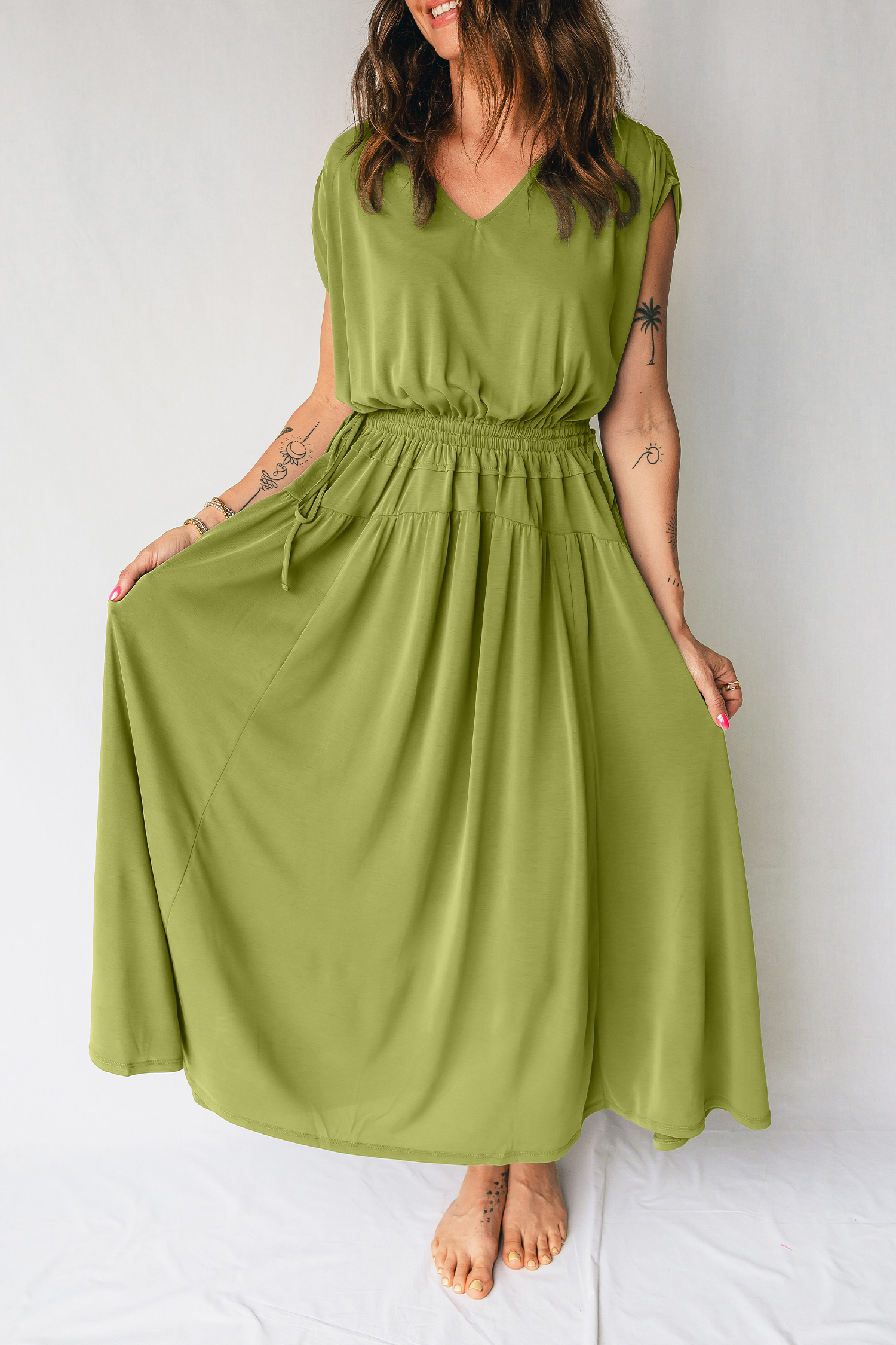Fern Green Solid V Neck Cap Sleeve Tunic Elastic Waist Versatile Maxi Dress - Image 3