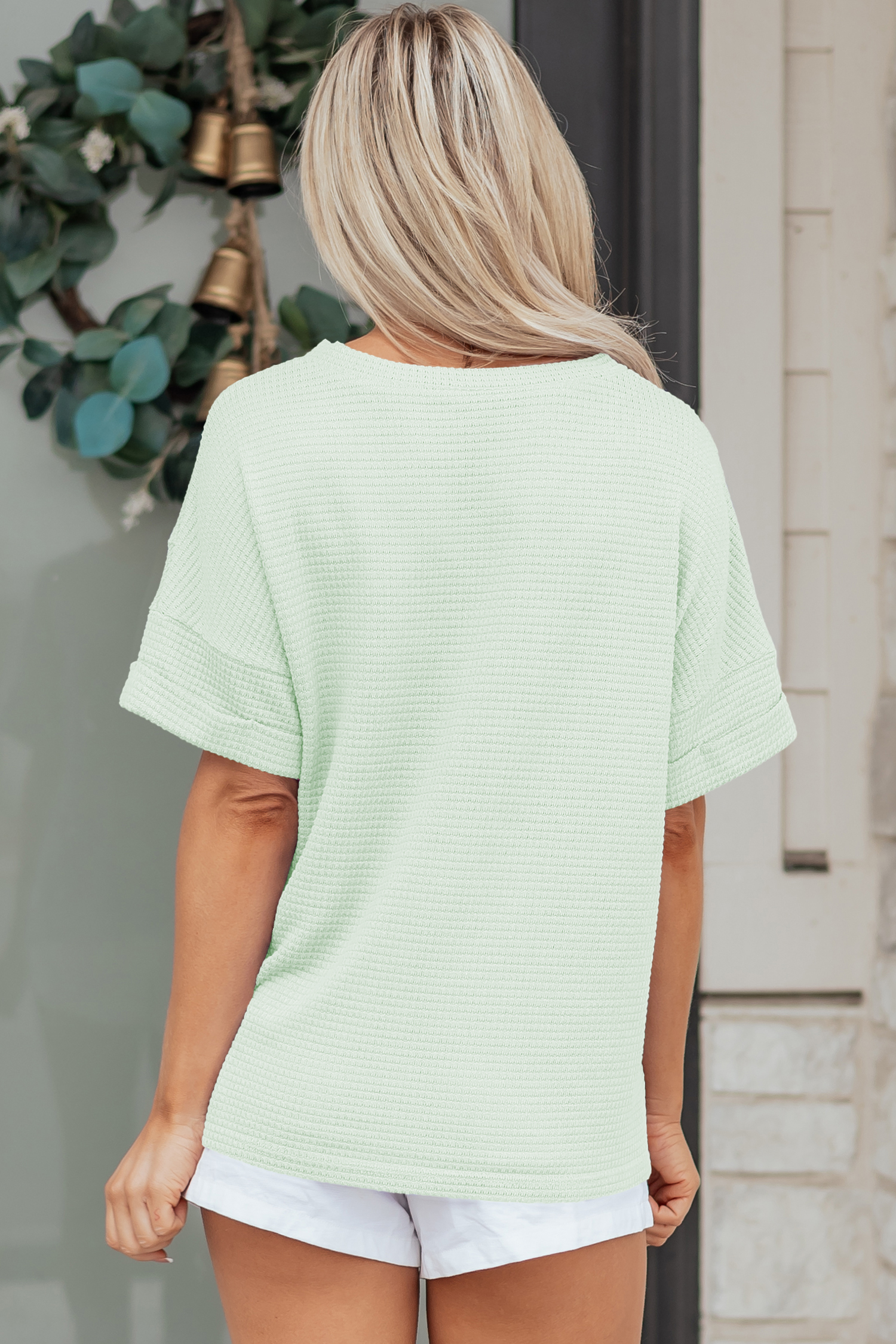 Clearly Aqua Waffle V Neck Short Sleeve Knit Top - Image 2