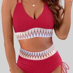 Racing Red Ribbed Knit Tribal Contrast Detail 2pcs High Waist Swimsuit