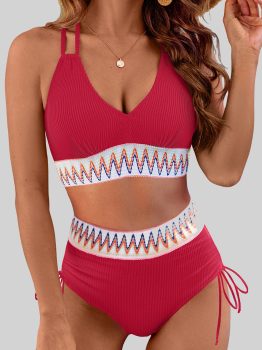 Racing Red Ribbed Knit Tribal Contrast Detail 2pcs High Waist Swimsuit