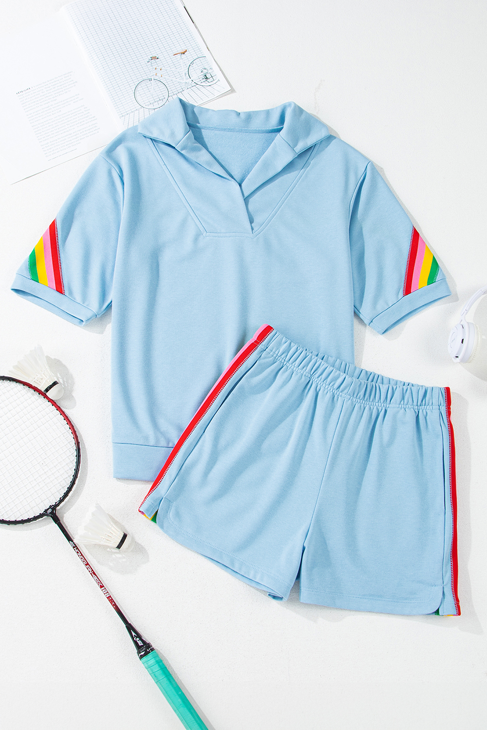 Sky Blue Rainbow Colorblock Collared Short Sleeve Top 2 Piece Shorts Set - Image 3