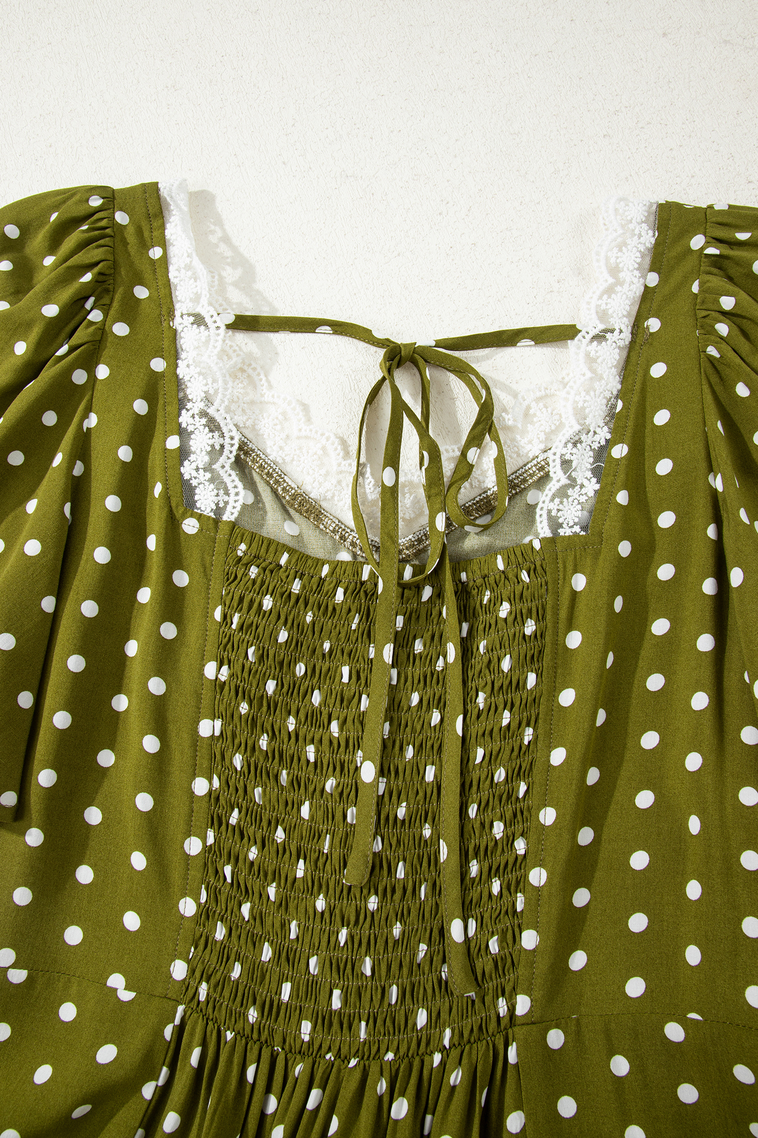 Green Polka Dot Print Lacy Neckline Smocked High Waist Maxi Dress - Image 8