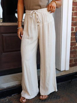 Jet Stream Drawstring Elastic Waist Button Pleated Detail Wide Leg Pants