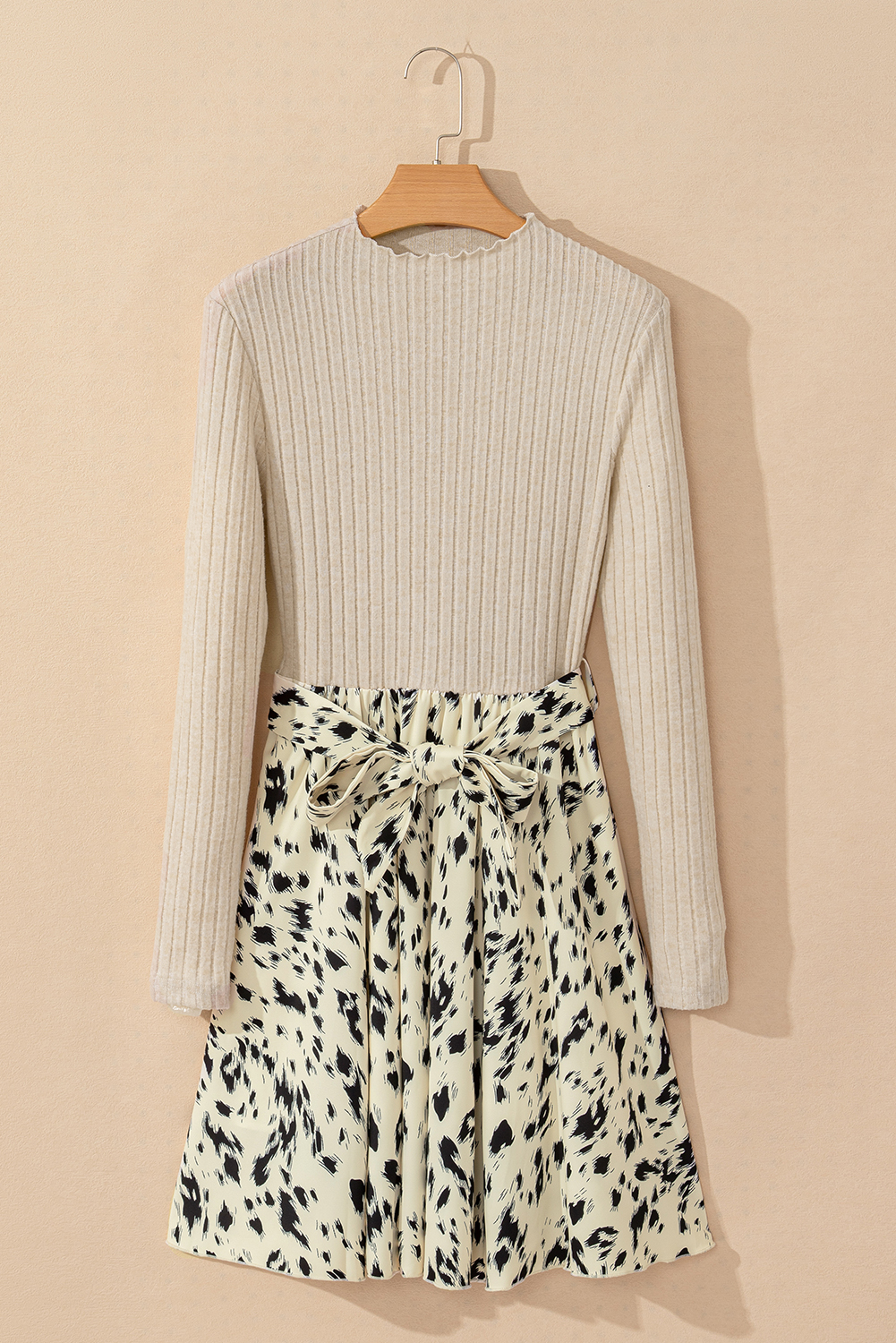 Beige Ribbed Knit Patchwork Printed Belted A-line Dress - Image 7