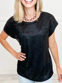 Black Metallic Round Neck Cap Sleeve Tee