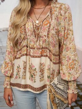 Yellow Floral Print Tie Neck Lantern Sleeve Blouse