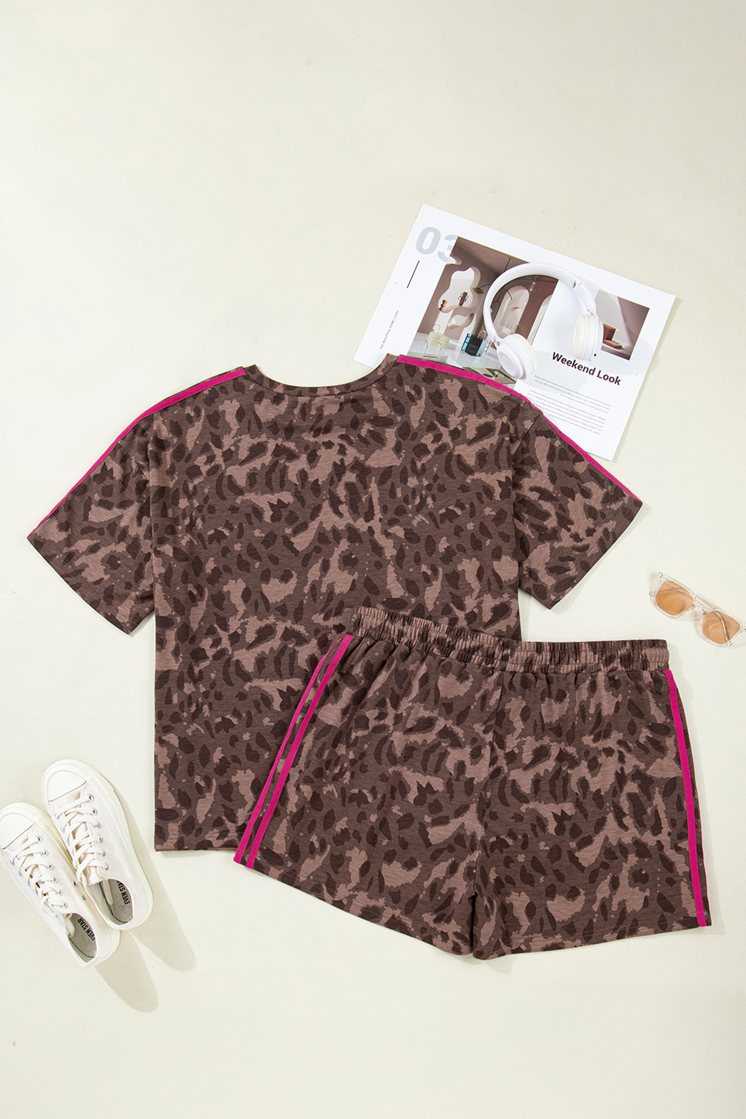 Brown Retro Leopard Print Contrast Varsity Stripe Trim Plus Size 2pcs Short Set - Image 3