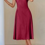 Red Dahlia Solid Color V Neck Pleated Flared Midi Dress