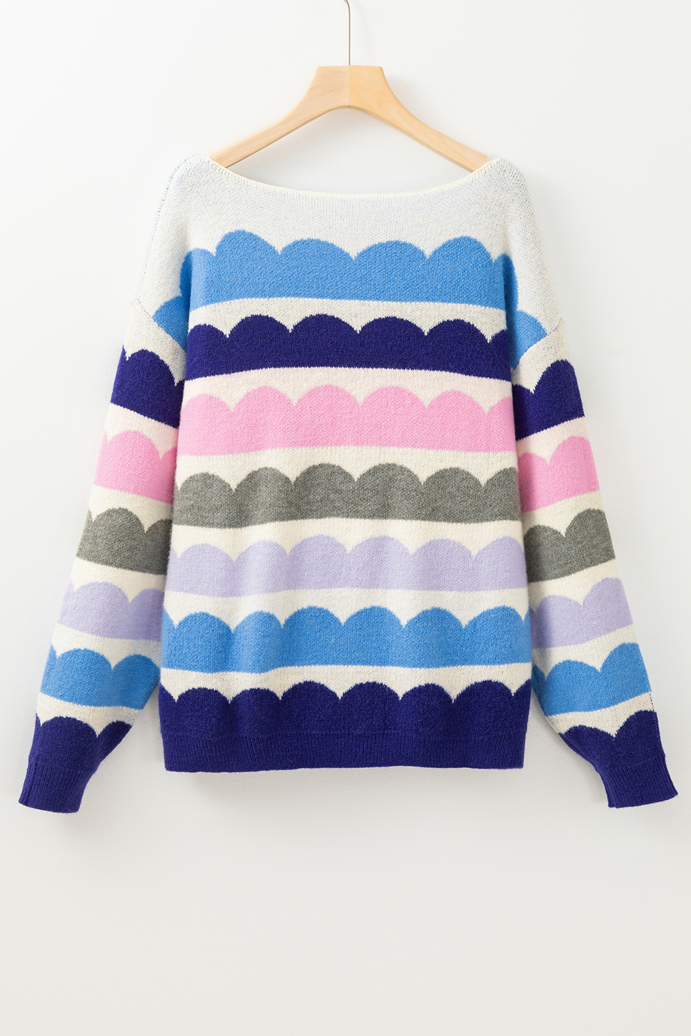 Dark Blue Wave Striped Balloon Sleeve Drop Shoulder Sweater - Image 5