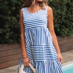 Sky Blue Stripe U Neck Sleeveless Loose Fit Mini Dress