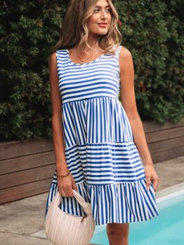Sky Blue Stripe U Neck Sleeveless Loose Fit Mini Dress