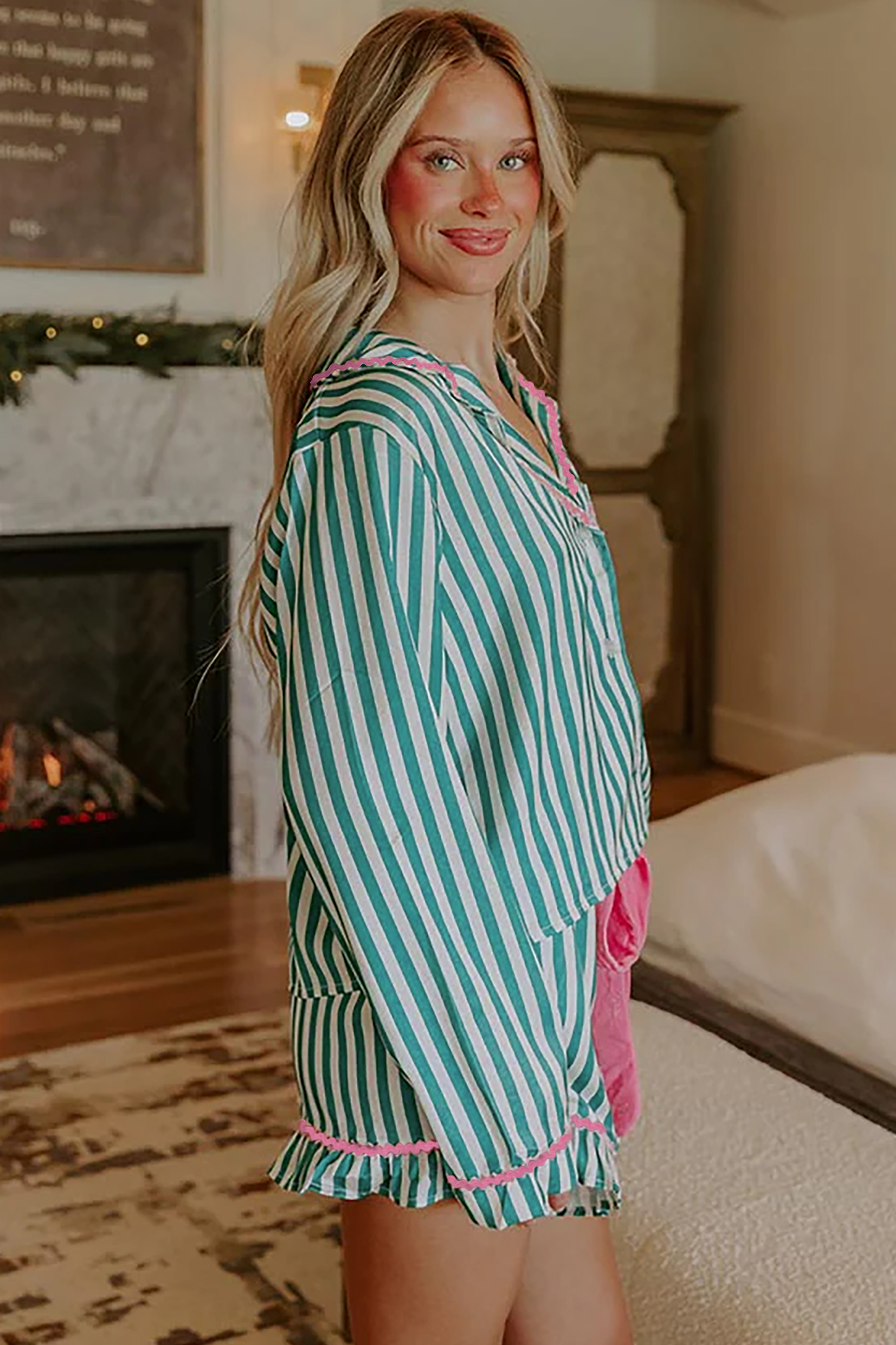 Green Stripe Contrast Ricrac Trim Long Sleeve Shirt Drawstring Ruffled Pajama Short Set - Image 3