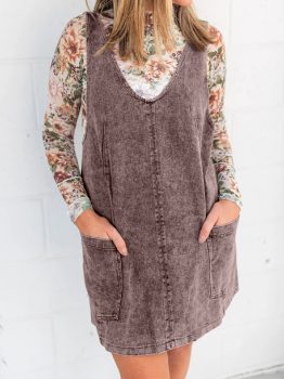 Goat Vintage Washed Denim V Neck Suspender Mini Dress