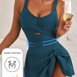 Sea Green Adjustable Straps Cutout Ruched Knot Slit One Piece Swim Dress