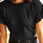 Black Solid Color Ribbed Ruffled Short Sleeve T Shirt