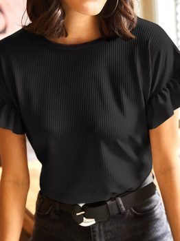 Black Solid Color Ribbed Ruffled Short Sleeve T Shirt
