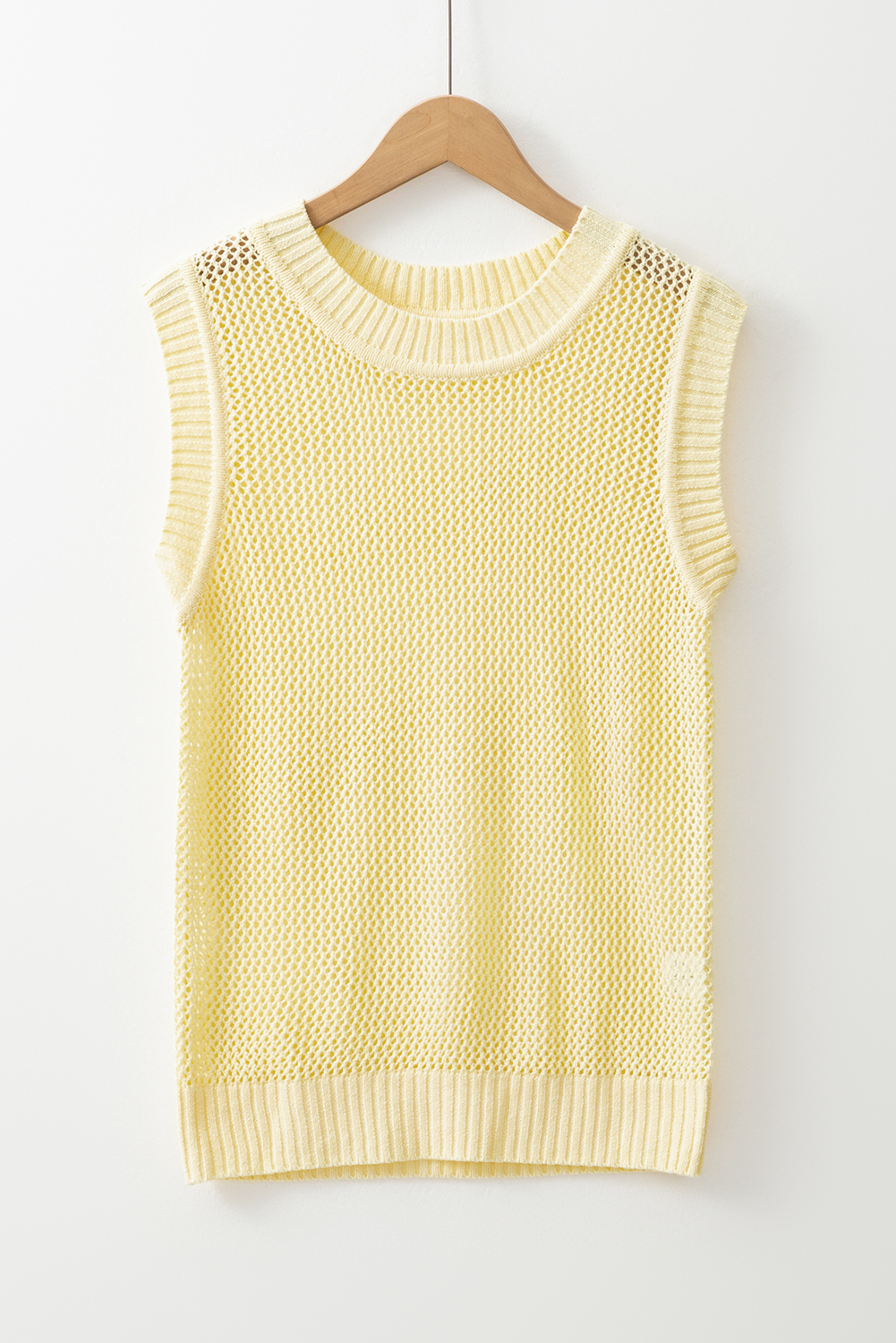 Yellow Solid Color Hollowed Knit Round Neck Sweater Vest - Image 5