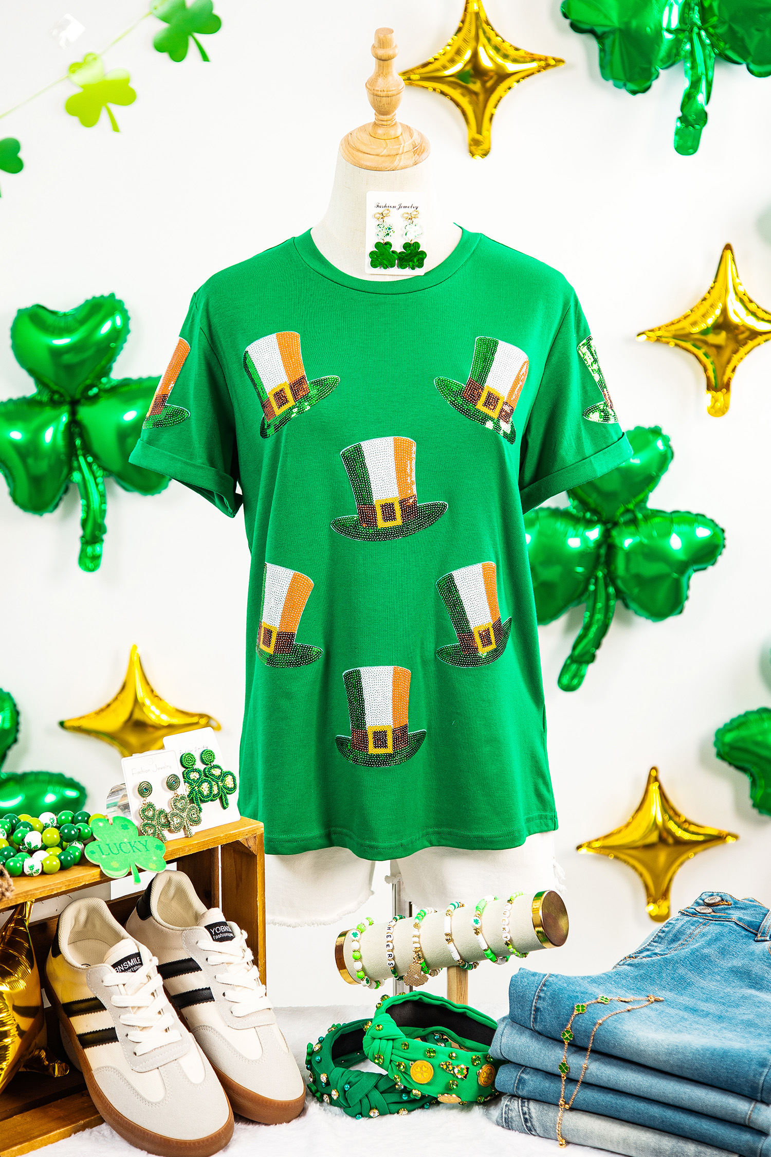 Bright Green Sequin St Patricks Day Hat Relaxed T Shirt - Image 8