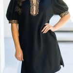 Black Leopard Patchwork Zip Collared Short Puff Sleeve Shift Mini Dress
