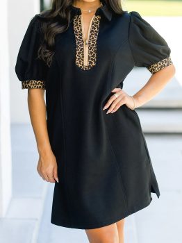 Black Leopard Patchwork Zip Collared Short Puff Sleeve Shift Mini Dress