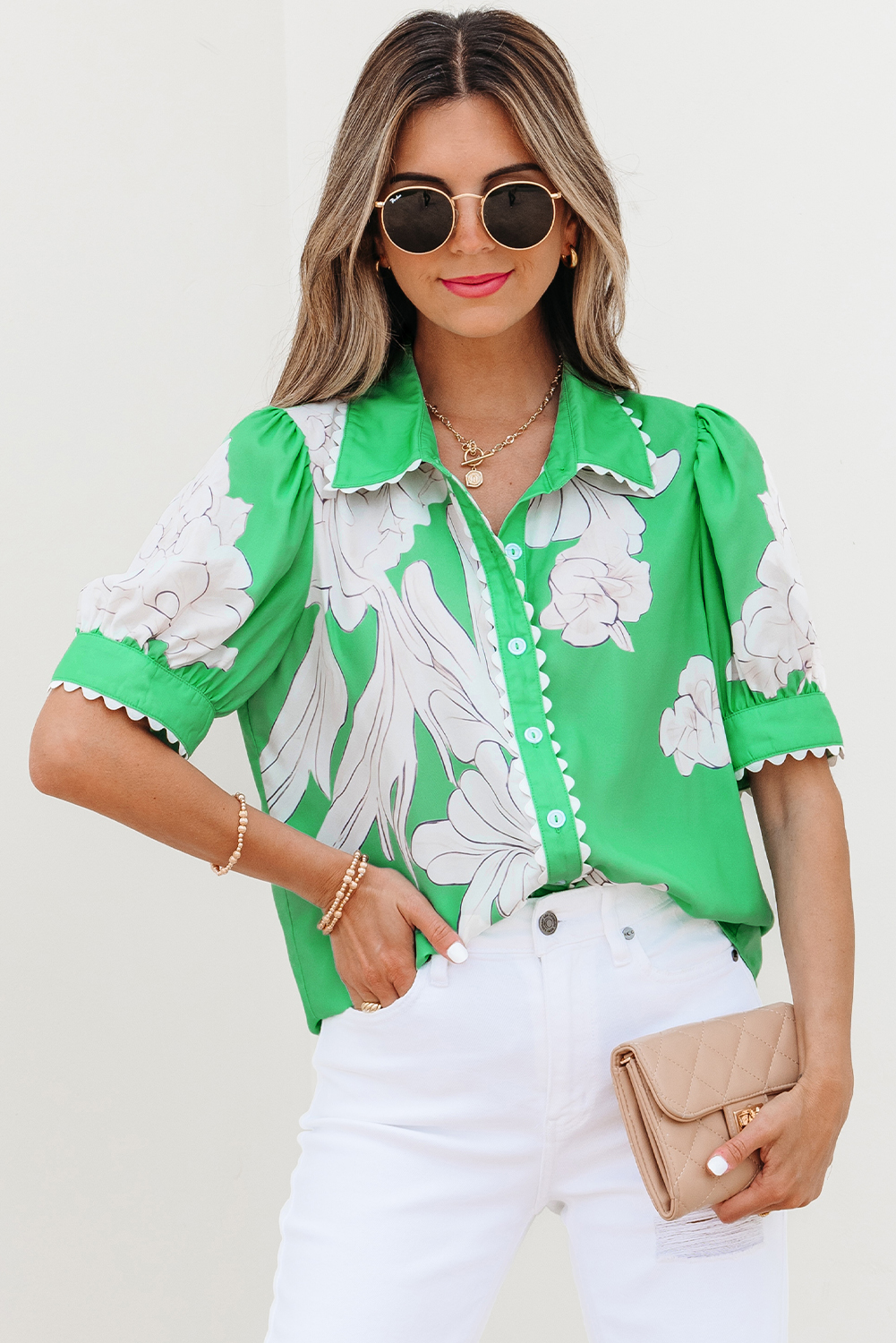 Green Floral Ric Rac Edge Puff Sleeve Button Up Summer Shirt - Image 6
