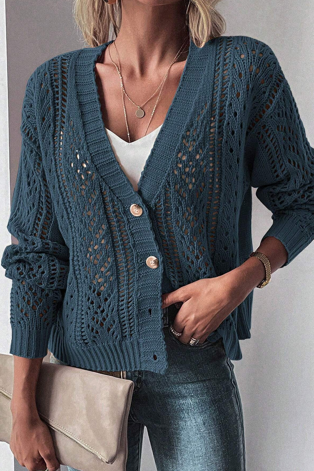Real Teal Open Knit Drop Shoulder Sweater Cardigan - Image 3