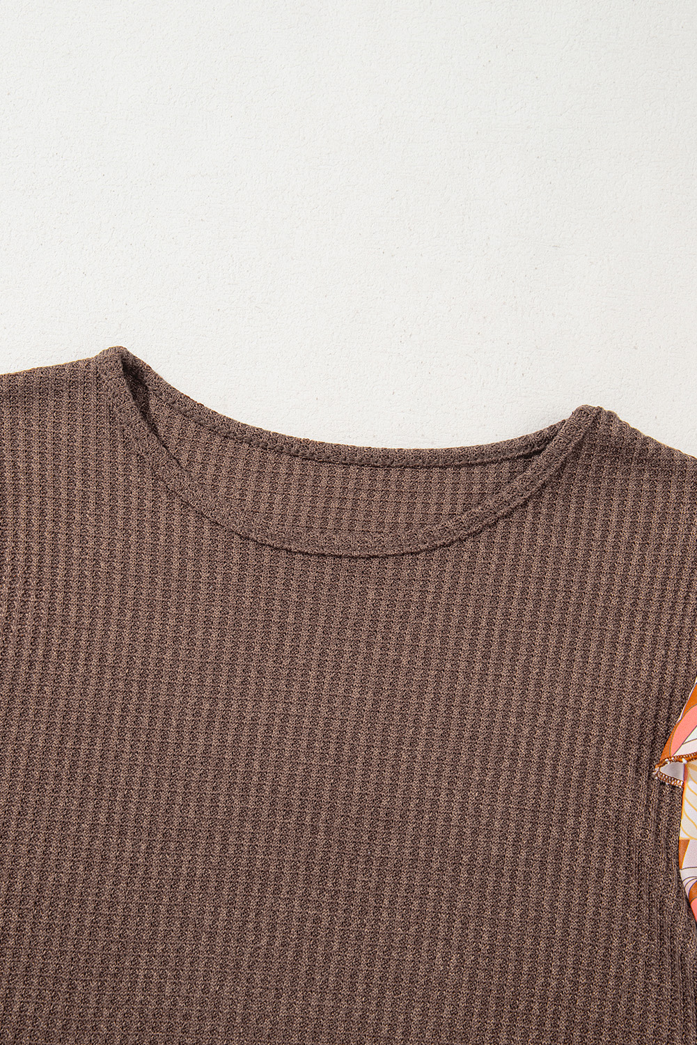 Coffee Ruffled Floral Sleeve Patchwork Waffle Knit O Neck Blouse - Image 5