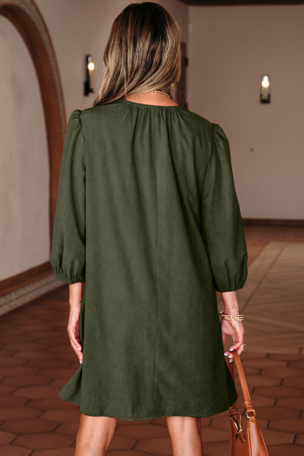 Moss Green Bracelet Sleeve Split Neck Scallop Detail Pleated Corduroy Mini Dress - Image 2