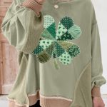 Smoke Green Waffled Color Block St Patricks Day Clover Patched Baggy Sweatshirt