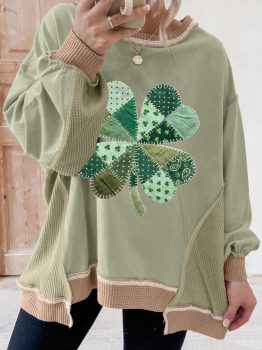 Smoke Green Waffled Color Block St Patricks Day Clover Patched Baggy Sweatshirt