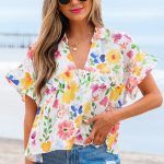 Yellow Floral Boxy Fit Ruffled Short Sleeve V Neck Blouse