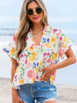 Yellow Floral Boxy Fit Ruffled Short Sleeve V Neck Blouse