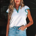 White Color Contrast Ruffled Sleeve Collared V Neck Blouse